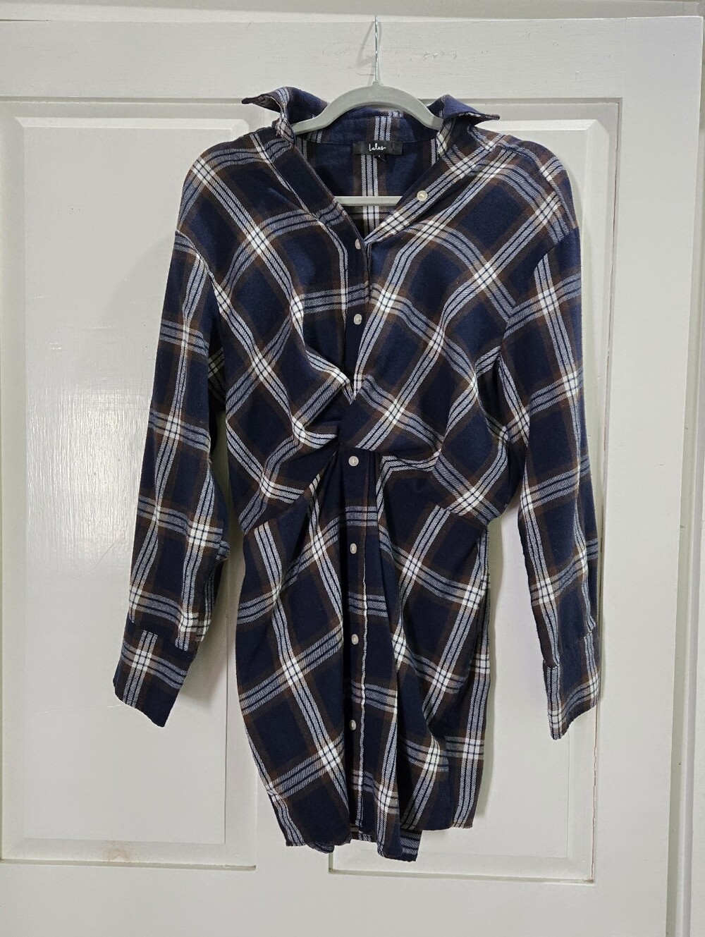 LULUS Navy Plaid Button-Front Shirt Dress, Mini, Medium